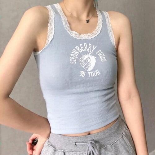 UNUTH Sweet Girls O Neck Soft Cotton Vest 2021 Summer Fashion Ladies Lace Slim High Street Vest Female Printed Short Vest Top