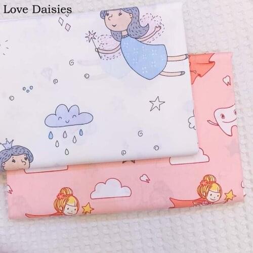 100% Cotton Twill WHITE PINK Cute Angle Clouds Star Fabrics for Kids Bedding Sheet Cushion Dress Home Decor Handwork Craft