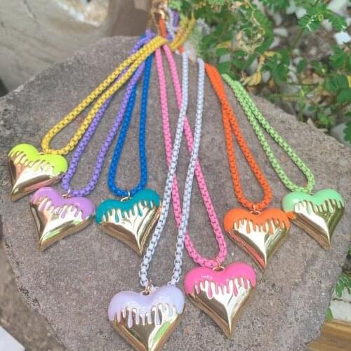 5Pcs Heart shaped pendant necklace, ice cream enamel heart box chain necklace Colorful jewelry for women