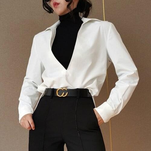 Deep V-neck White Blouse Long Sleeve Shirt Women Vintage Pullover Casual Tops Fall Winter 2021 Missnight