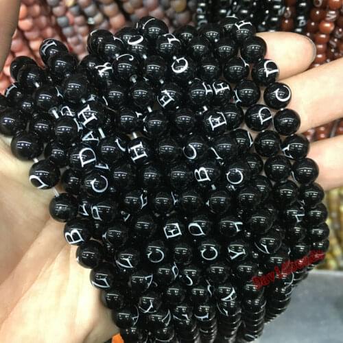 8mm 12mm natural stone beads Round black orange red Letter onyx black line agat Beads For DIY Jewelry making Necklace Bracelet
