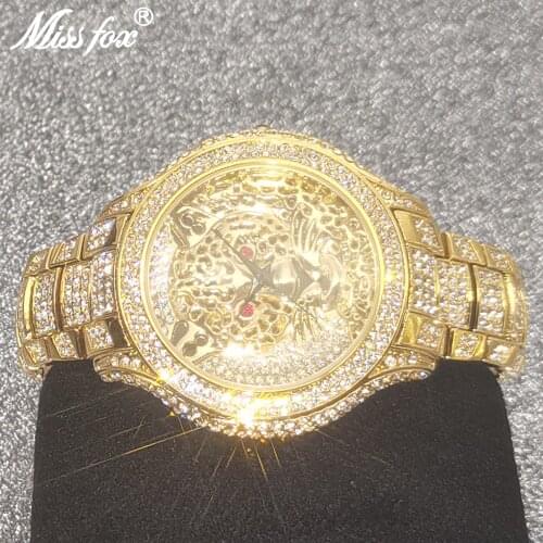Hip Hop MISSFOX New Mens Tiger Watches Fashion Luxury Brand Personalized Male Iced Out Watch 18K Gold For Men Classic Jewelry