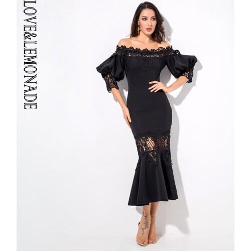 LOVE&LEMONADE Black Drop Shoulder Lace Panel Lantern Sleeve Party Dress LM81241-A