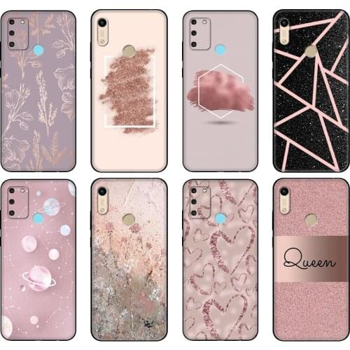 Black tpu Case For Huawei Honor 8a Prime 8s Prime 9 Lite honor 9A 9C 9X Premium 9x Pro 9S Case Gold Rose Glitter Pink Love Herat