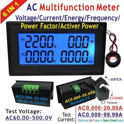AC 20A 100A 200A Volt Amp Panel Meter LCD Digital Voltmeter Ammeter AC Voltage Current Mete Frequency Energy AC 60-500V 220 380V