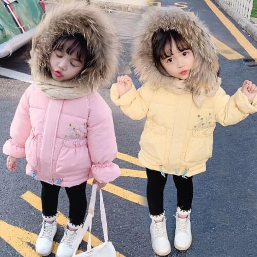 2020 Girls Winter Coat Baby Kids Flower Fur Hood Cotton Padded Warm Coats Jackets Kids Children Overcoats Clothes