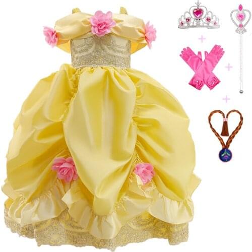 2021 Girl Costume Beauty And Beast Princess Dress Kids Dresses For Girls Carnival Cosplay Costumes For Kids Vestidos 3-10 Year