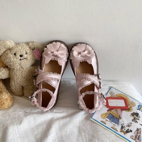 Kawaii Lolita Pu Leather Shoes Womens Japanese Jk Uniform Summer Student Anime Cosplay Gothic Mid Heel Harajuku Butterfly Bow