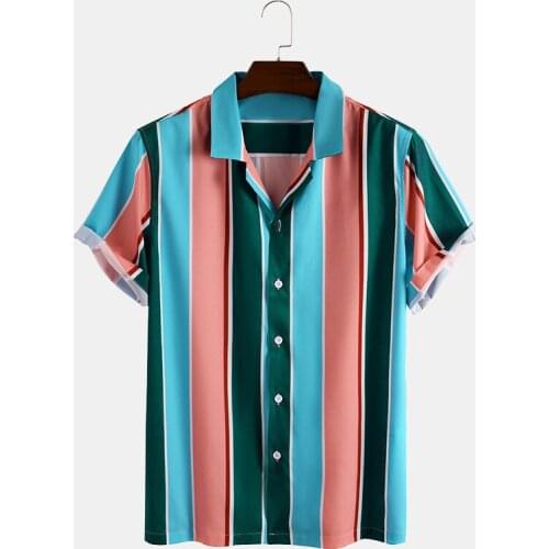 2021 Mens Colorful Striped Short Sleeve camisas de hombre Blue Pink Shirt Casual Turn Down Collar Shirts