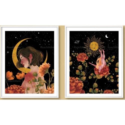 Poster print gallery wall set witch wall decoration printing set 2 witch poster celestial body stars moon magic sun decoration p