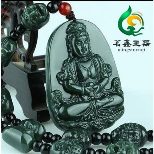 Natural Dark Green HETIAN Nephrite Buddha Pendant 3D Carved Guanyin Bodhisattva Patron saint Pendant Necklace Men Jades Jewelry