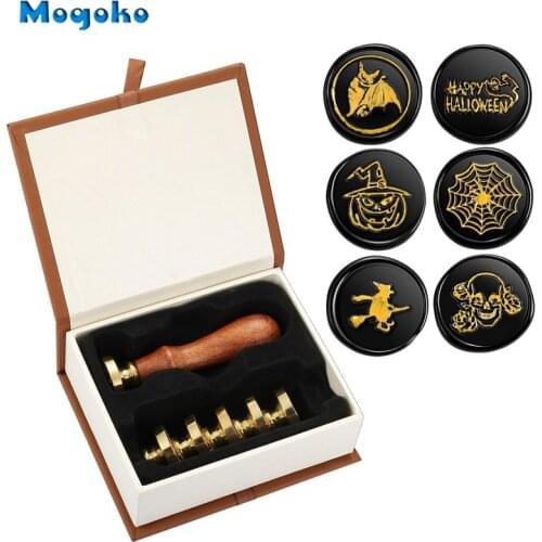 Mogoko Halloween Wax Seal Stamp 6 pcs Sealing Wax Stamps Heads 1 pc Wooden Handle Happy Halloween Pumpkin Hat Spider Web Witch