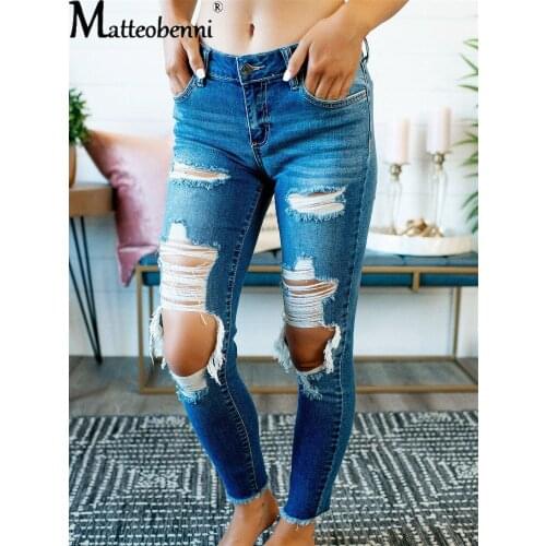 Blue Ripped Cut Out Jeans Women Sexy Hole Hollow Out Stretch Skinny Streetwear Denim Trousers Lady Denim Pencil Pants For Female