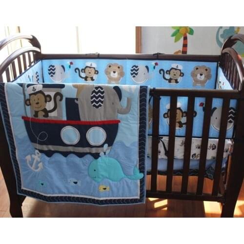 Discount! 8pcs Embroidered baby crib bedding set,Nursery bedding Set,(4bumpers+duvet+bed cover+bed skirt+diaper bag)