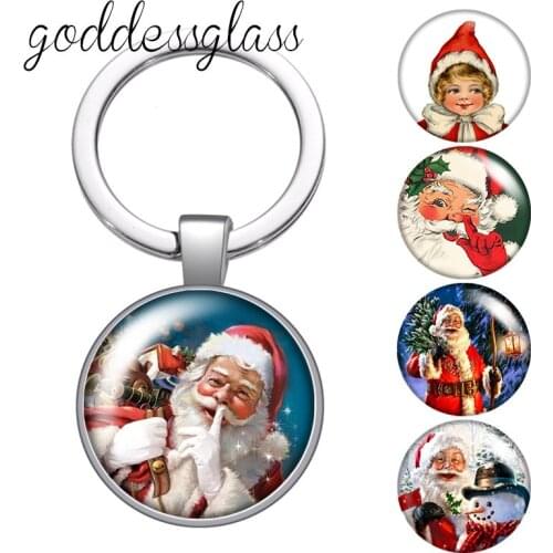 Santa Claus Merry Christmas sending gifts glass cabochon keychain Bag Car key chain Ring Holder Charms keychains for Gifts
