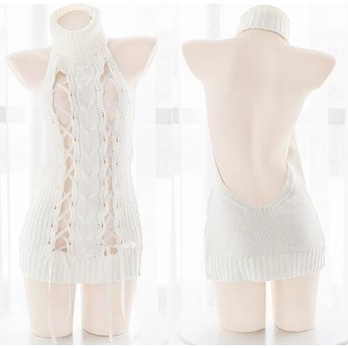 Japanese White Sexy Womens Open Chest Backless Knitted Sweater Sweet Lolita Cosplay Virgin Killer Hollow Bandge Tops Knitwear
