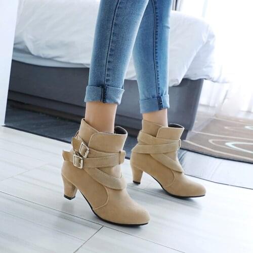 2020 Winter Casual Women Ankle Boots Thick heel suede buckle High Heels boots Shoes Botas Mujer Western cowboy boots Size 33-43
