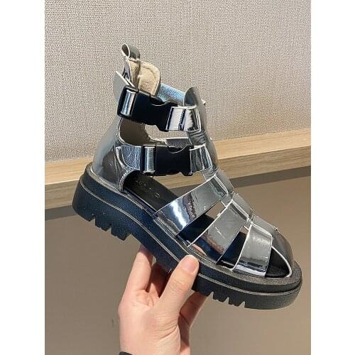 Sexy Hollow Fashion Solid Color Buckle Ladies Sandals Summer Roman Style Thick-Soled Short Tube Shoes Large Size 36