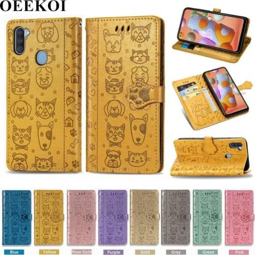 OEEKOI Cartoon Style Cat Dog Wallet Flip Cover Case for Samsung Galaxy M11 with Card Slot Holder
