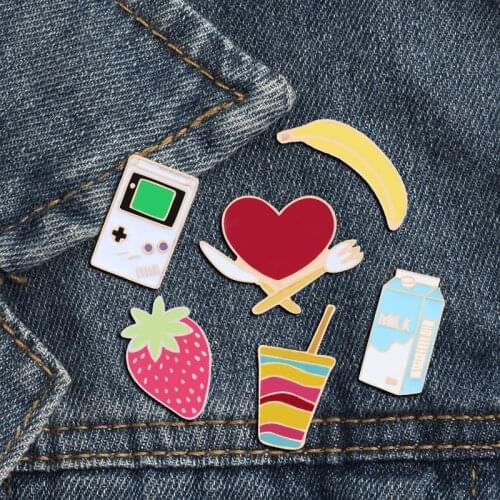 Fruit Brooch Denim Skirt Lapel Accessories Cute Banana Strawberry Game Machine Drink Milk Pin Boy Women Badge Jewelry Gifts