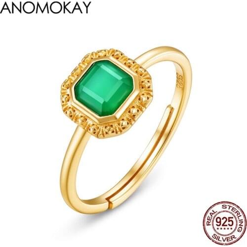 Anomokay Classic Vintage Flower Pattern Luxury Green Agate Gold Color Rings 100% Sterling 925 Silver Ring Adjustable Jewelry