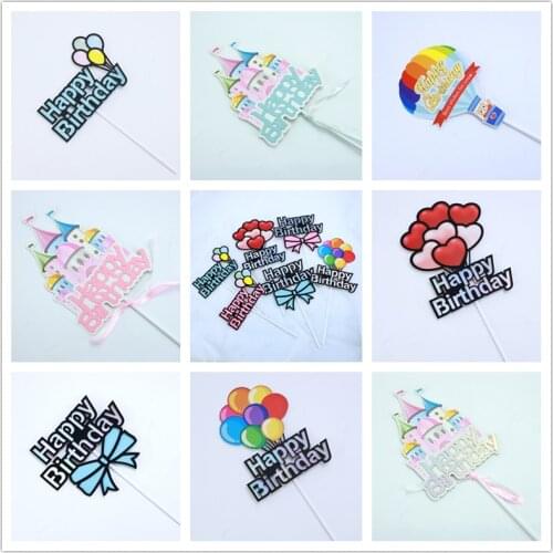 Colorful Castle Hot Air balloon Cake Topper Bow Happy Birthday Cake Flags Kids Birthday Party Cake Topper Family Baking Supplies