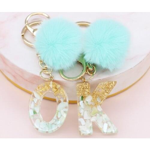 Trendy Jewelry Bag Accessories Gifts Fluffy Green Pompom Faux Rabbit Fur Ball Keychains Glitter Letters Key Rings Key Holder
