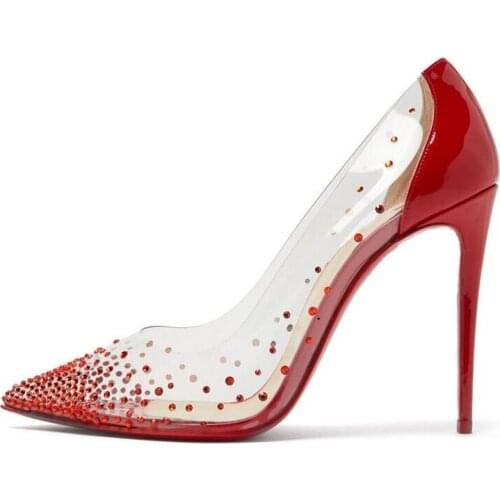 Fashion Clear PVC Wedding Shoes Bride Crystal Embellished Pointed Toe High Heel Pumps Red Patent Leather Party Wedding Shoes