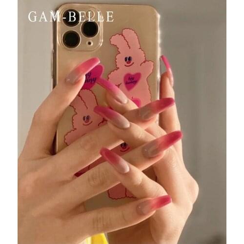 GAM-BELLE Full Cover False Nails Super Long Coffin Ballerina Rose Red Gradient Design Fake Press On Nails Art Tools Faux Ongles