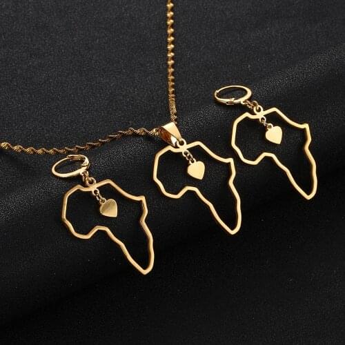 Stainless Steel Africa Map Pendant Necklace Earrings for Women Trendy African Maps Heart Jewelry