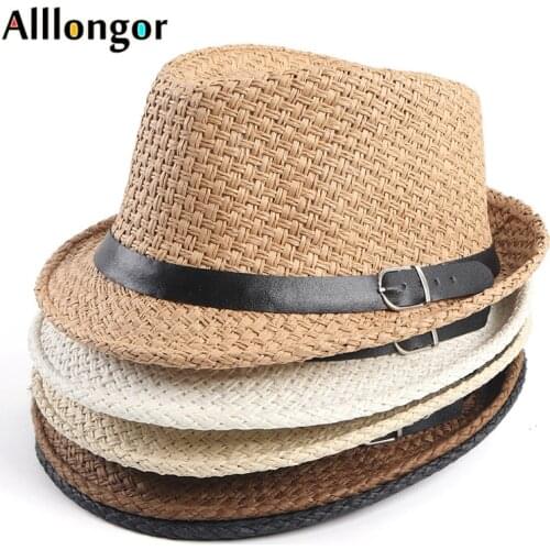 New 2021 Summer Straw Hat Men Jazz Fedora Hats With Belt Short Sleeve Casual Beach Visor Sun Hat Cap Panama sombrero hombre