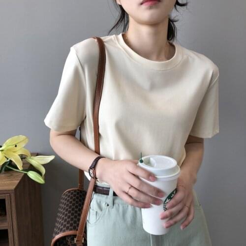 Solid Color Round Neck T-shirt Short Sleeve Female Simple Tshirts 2021 Spring Summer Basic Plain Loose White Base Tops Korean