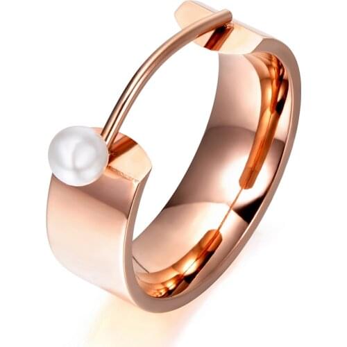 Original Design Simulated Pearl Rose Gold Color Ring Jewelry Titanium Steel Engagement Wedding Rings Bague R17142