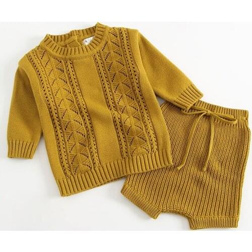 Autumn Winter Girls Boys Clothes Set Cotton Knit Suit Long-Sleeved Hollow Tops + Shorts 2PCS Kids Sweater Pants Knitted Suits