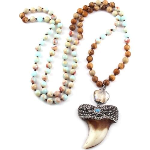 New 108 Beads Mala Natural Stone Knotted Crystal Link Crystal Pave Teeth Charm Pendant Necklace Women Meditation Yoga Necklace