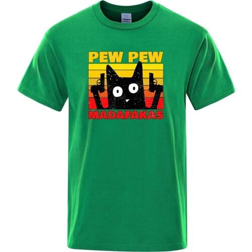 Pew Pew Madafakas T-Shirt Crew Neck Short Sleeve Summer Tops T Shirt Men Novelty Funny Cat Vintage Shirts Tees Hip Hop Tshirt