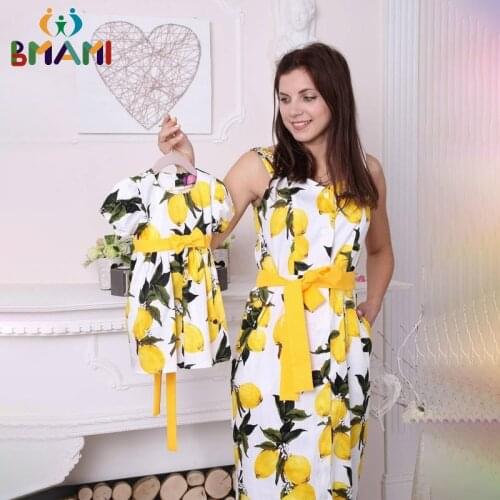 Mom and Baby Girl Matching Clothes Family Look Mother and Daughter Dresses Lemon Print Mum Baby Girls Matching Dress