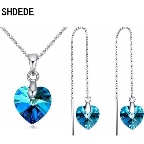 Blue Heart Pendants Crystal from Swarovski Weddings Necklaces Earrings Jewelry Sets Fashion Bride Party Anniversary Gifts