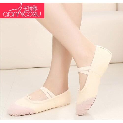 Woman Qian Jiao Dance Leather Ballet Shoes Female Adult Cross Straps Flat Shoes Soft Bottom Dance Shoes Two Pink Bottom 1007 HOT