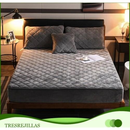 Crystal Velvet Quilted Mattress Cover Warm Soft Plush Thicken King Queen Quilted Bed Fitted Sheet Not Including Pillowcase