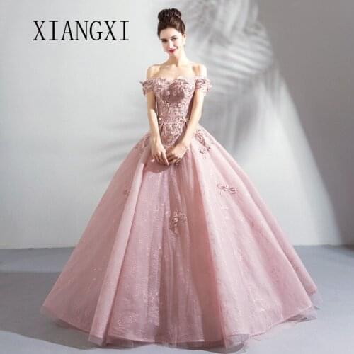 XIANGXI Pink Evening Dresses Long Ball Gown Off The Shoulder Floor Length Formal Party Gowns Prom Dress Vestido De Festa Longo
