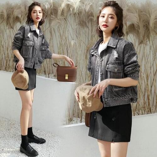 Korean Women Smoke Gray Denim Jacket Long Sleeve Casual Short Coat