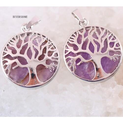 Tree of Life -Zinc Alloy Wire Wrap Women Jewelry For Necklace Natural Purple Bead Round Pendant 1Pcs K420