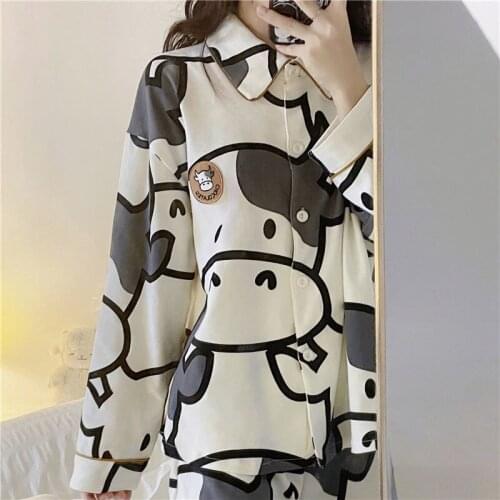 QWEEK Cow Print Womens Pajamas Home Clothes Autumn Winter Pyjama Pour Femme Cute Clothes Kawaii Sleepwear Pijamas Nightie