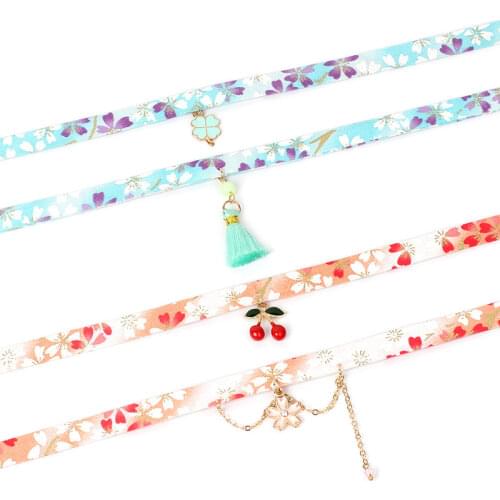 Fashion Floral Printed Choker Necklace Cherry Harajuku Sakura Tassel Pendant For Women Summer Necklace Jewelry Accessories