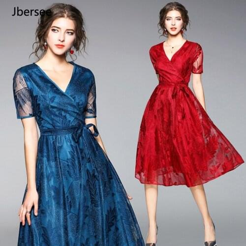 Womens 2018 Spring Summer Fashion New V Neck Slim Lace Dress For Women Wine Red and Blue Dress Plus Size Lady Dresses Vestidos