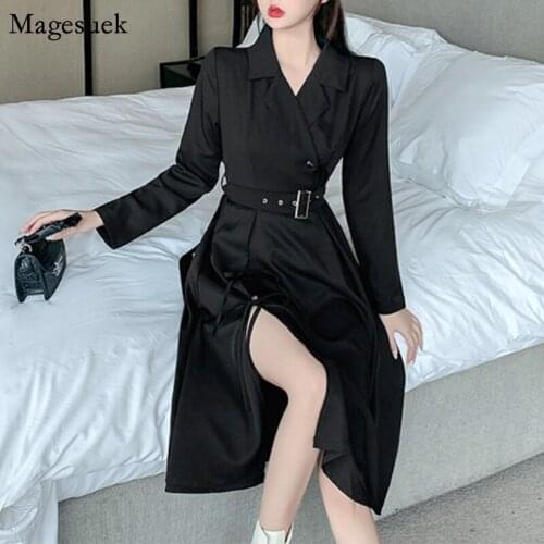 New Korean Long Sleeve Black Women Dress Spring Autumn Sexy Bodycon Dress Split Knee-Length Office Ladies Dresses Vestidos 12559