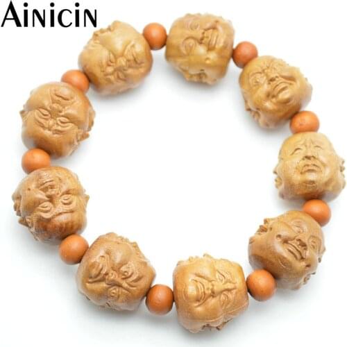 10pcs 20mm Diameter Yellow Wood Fine Carved 4 Face Buddha Head Bracelets Fashion Men Jewelry Christmas Gift