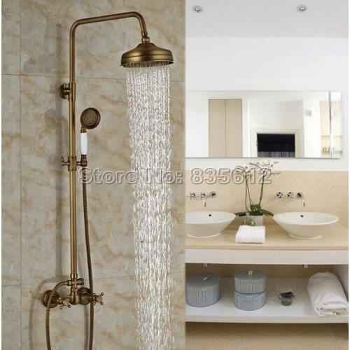 Antique Bathroom Rain Shower Faucet Set Dual Cross Handle Faucets Brass Finish with Ceramic Handheld Shower Mixer Taps j020