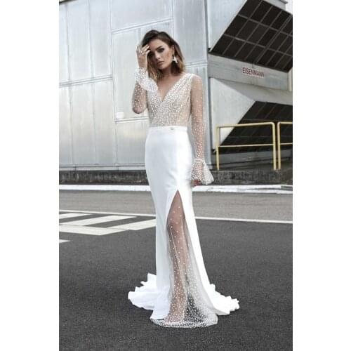 White Evening Dress 2020 new color Sewing beads long v-neck Beading luckgirls Ruched Customizable fashion prom dress mocini
